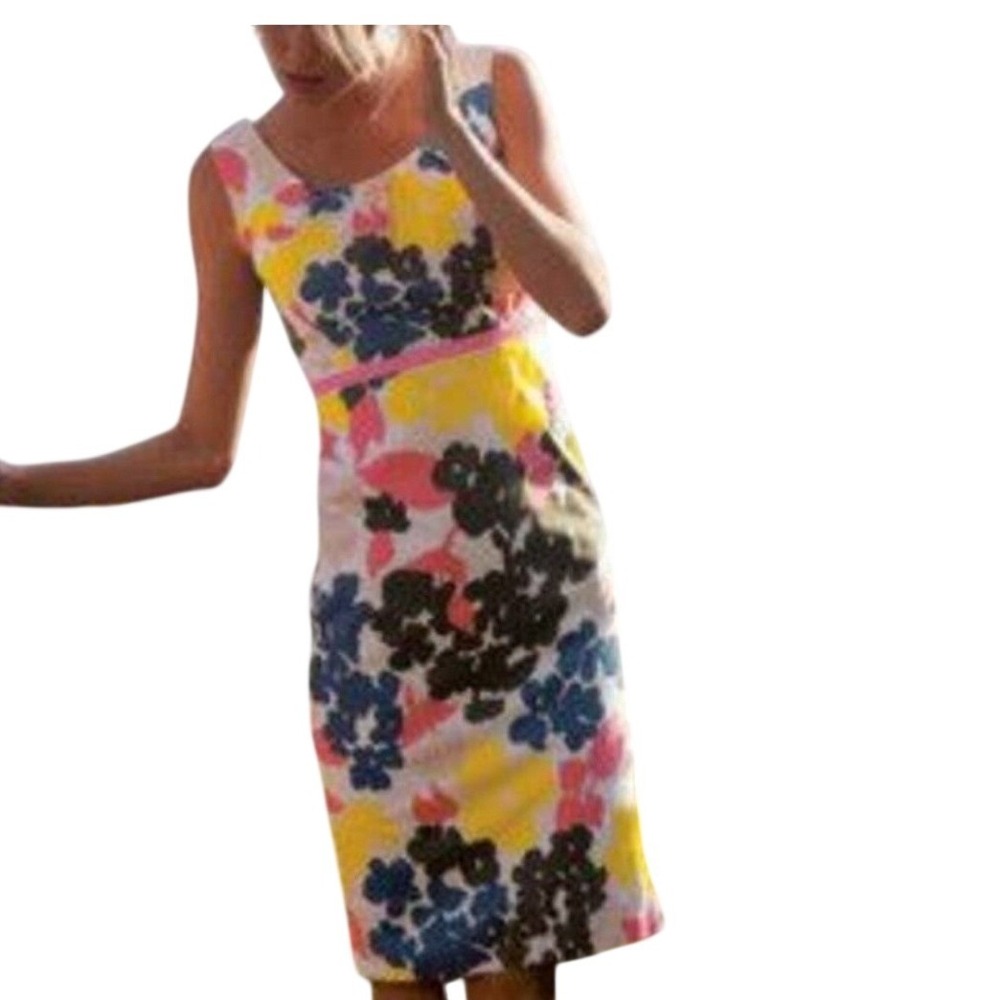 Boden Floral Print Sleeveless Casual Dress Pink Belt Accent White Sz 4US